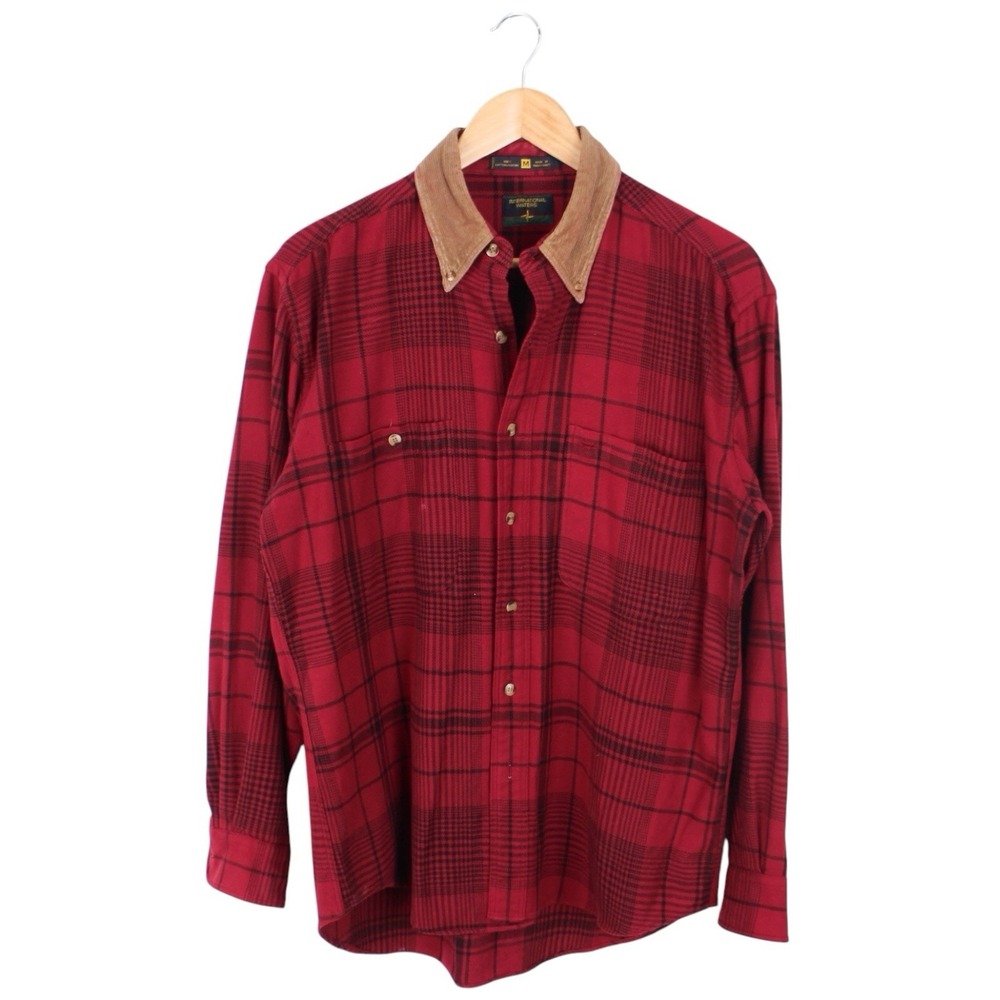 International Waters Red Plaid Button Down Shirt Corduroy Collar Men's Medium